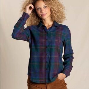Toad & Co. Flannel Plaid Button-Up Women's Top - Blue and Green